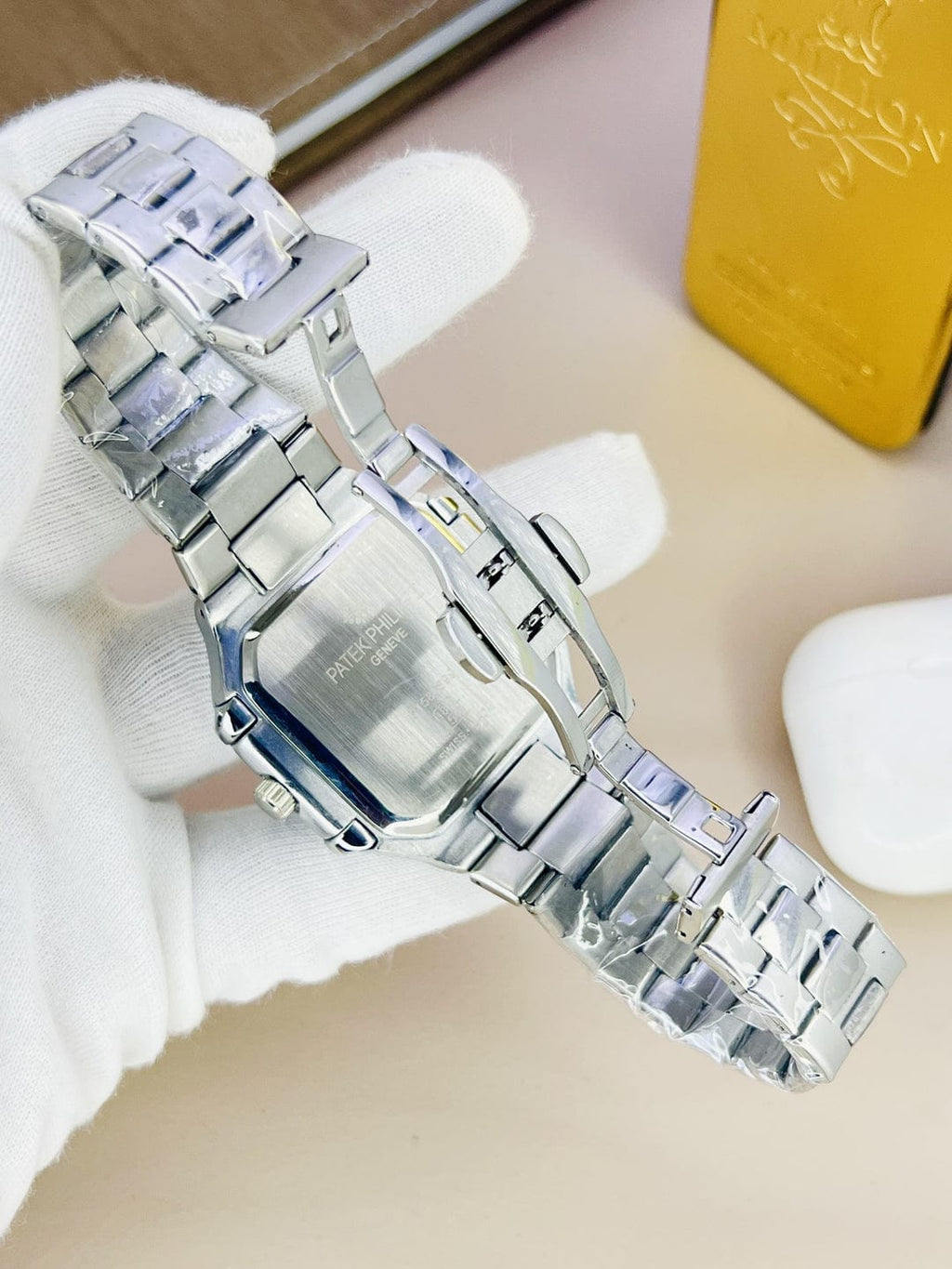Patek Philippe Silver Watch with Black Dial & Date