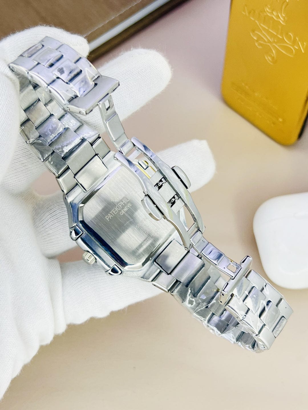 Patek Philippe Silver Watch with Black Dial & Date