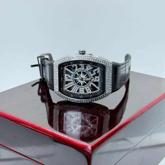 Frank Muller Black Leather Strap with  white diamond dail